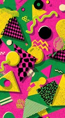 Vibrant 80s Retro Geometric Pattern Background Design featuring bold shapes and bright colors ideal for trendy projects