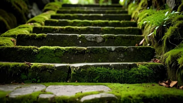 Moss-covered stone staircase ascends through a lush green forest pathway, steps leading upward in a natural scenic setting.