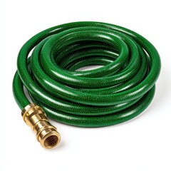 A Rolled Up Green Garden Hose with Brass Connector Ready for Watering