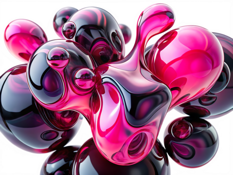 Abstract fluid shapes with swirling pink and black glossy textures isolated on a transparent background