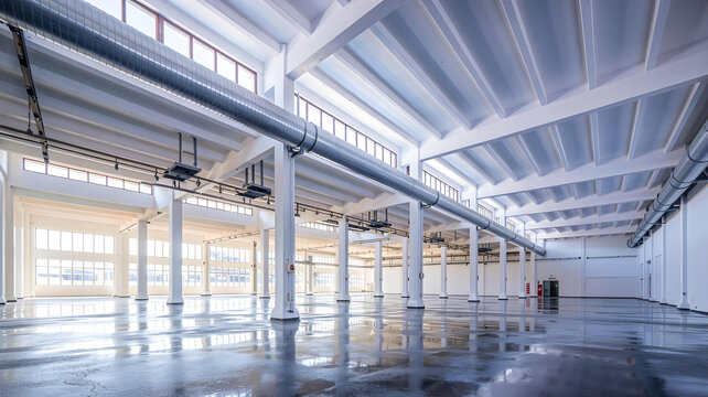Wide-angle interior of a vast, empty white industrial factory with polished concrete floor and exposed beams.


