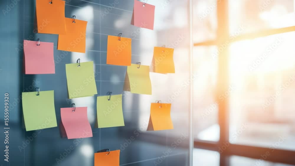 Poster colorful sticky notes are hanging on a glass wall using binder clips, creating a vibrant and organiz