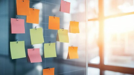Colorful sticky notes are hanging on a glass wall using binder clips, creating a vibrant and organized display in a sunlit modern office, suggesting an active and collaborative work environment
