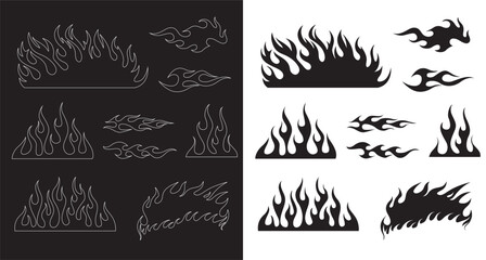 Flame silhouettes in classic 90s style, motorcycle and hot rod car style. Old school, retro tattoos. Black and white flame silhouette and outline style. Retro fire aesthetics, flames. Stock-Vector set