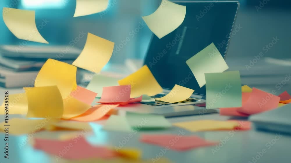 Poster Colorful sticky notes are flying around a laptop on a desk in an office, creating a dynamic visual representation of brainstorming, creativity, and the flow of ideas in a modern work environment