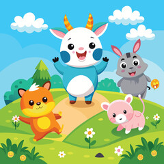 Naklejka premium Cute animals playing in a sunny meadow cartoon