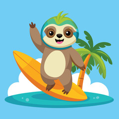 Cute sloth surfing on ocean waves surfboard
