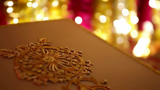 An intricately decorated red and gold Indian wedding invitation box lies open, with vibrant pink and yellow floral garlands blurred in the background. Concept of Indian wedding traditions
