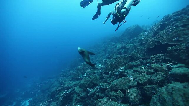 Scuba divers explore the underwater world, encountering a playful sea lion that gracefully swims alongside them amidst the rocky reef of the Galapagos Islands.