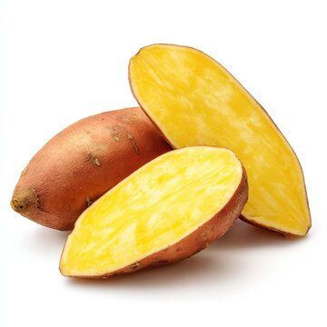 Fresh Yellow Sweet Potatoes Cut in Half Showing Vibrant InteriorA Delicious and Healthy Vegetable
