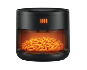 Black air fryer with crispy golden french fries inside glowing warmly, modern kitchen appliance cooking snack food with digital display and transparent window