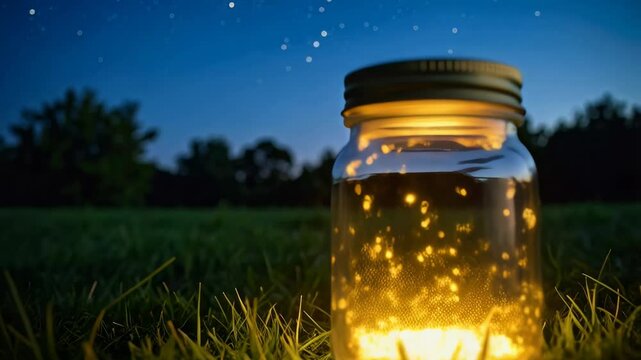 Captured fireflies glowing brightly in a glass jar in a grassy field beneath a dark, starlit sky during a summer evening.
