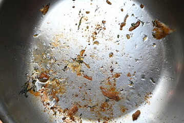 dirty frying pan after cooking. Kitchenware texture 
