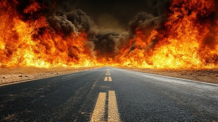 Empty road engulfed by raging wildfire