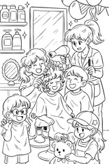 Fototapeta premium Coloring page kids having fun at hair salon with stylist and toys