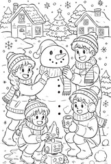 Coloring page kids building snowman in winter village scene