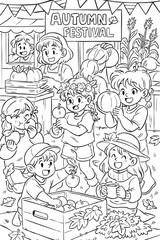 Coloring page kids enjoying autumn festival with apples and pumpkins