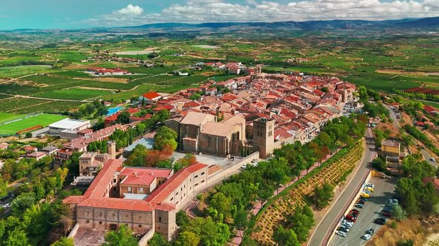 Aerial view of Laguardia medieval fortified hilltop village in northern Spain