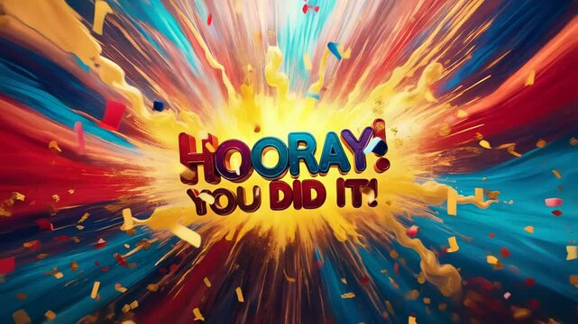 The text "HOORAY! YOU DID IT!" bursts forth in vibrant, colorful letters from an explosive background of yellow, red, and blue confetti and streamers. Concept of success and celebration