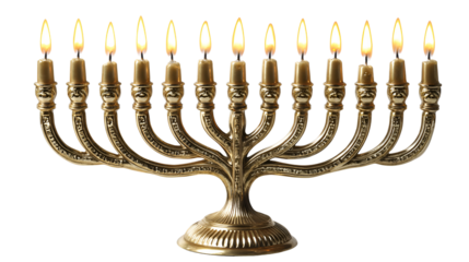 Ornate Gold Menorah with Nine Burning Candles for Hanukkah
