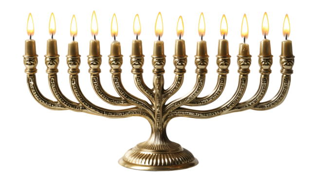 Ornate Gold Menorah with Nine Burning Candles for Hanukkah