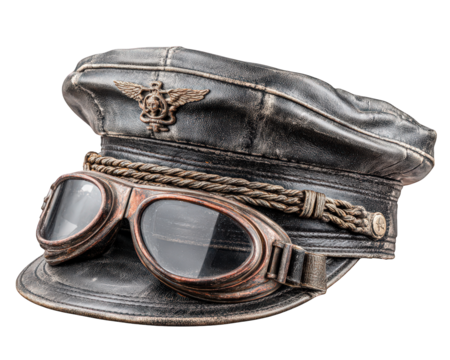 Vintage pilot cap with attached goggles made of worn black leather and decorative rope, featuring metallic winged emblem, evoking nostalgic and adventurous spirit