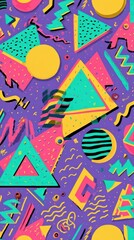 Vibrant 90s Retro Geometric Pattern Background Wallpaper Design Colorful Triangles Circles and Lines
