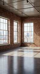 Wide-angle loft studio interior with warm exposed brick, large industrial windows, and polished concrete floors.

