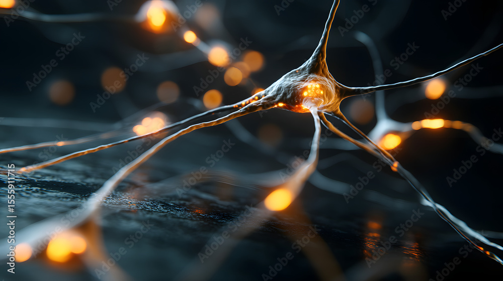 Poster neural network glowing: intricate network of glowing neurons, representing the complexity and beauty