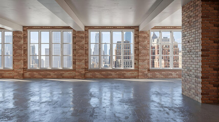 Wide-angle loft studio interior with warm exposed brick, large industrial windows, and polished concrete floors.