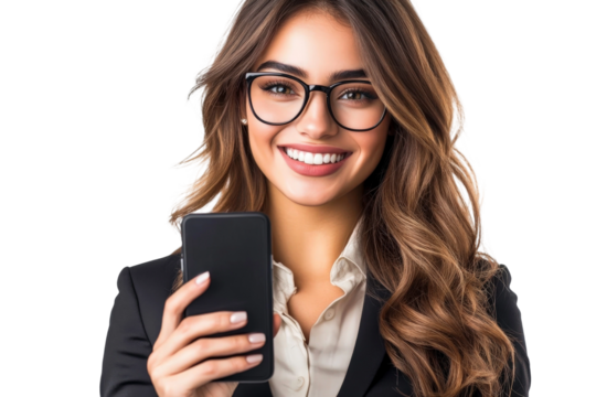 Young Professional Woman in Business Attire Holding Smartphone and Smiling with Confidence Against a Transparent Background