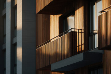 closeup of modern wooden building facades highlighting their sustainable design features