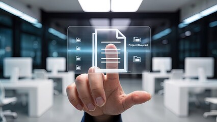 Finger touching holographic document interface displaying project blueprint in modern office technology
