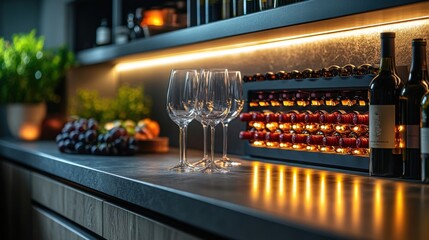 Kitchen Counter with Wine Rack, Bottles, Glasses, and Produce.