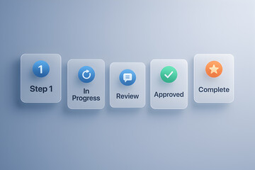 Modern Glass UI Workflow Stages – Step to Completion Icons with Status Indicators