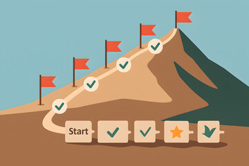 Climbing Mountain Goal Path with Flags and Checklist – Progress Milestone Journey Illustration