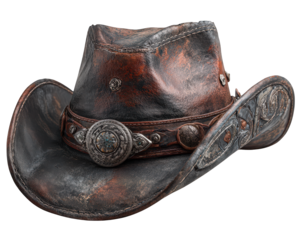 Worn leather cowboy hat with decorative metal conchos and intricate stitching, showing rustic charm and vintage style in classic western design