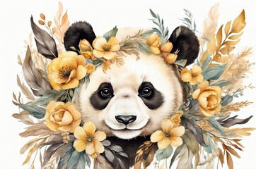 Panda surrounded by floral arrangements in warm tones, showcasing nature's beauty and wildlife