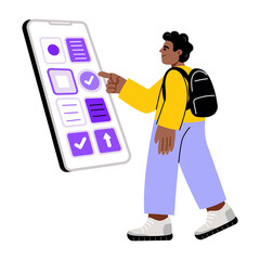 A flat style illustration showing a person using an education app