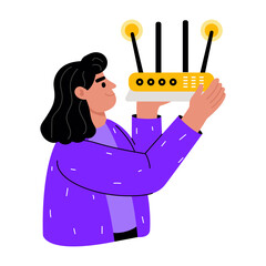 A flat style illustration showing a person holding a router