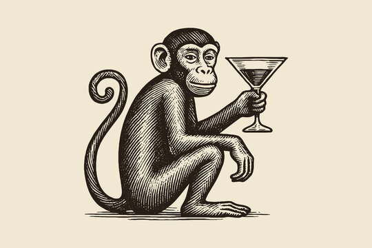 Monkey with cocktail glass vintage engraving vector illustration