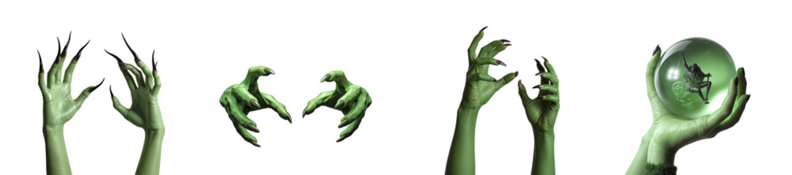 Set of gnarled green witch hands with long sharp nails reaching out and holding a magical crystal ball isolated on transparent PNG background