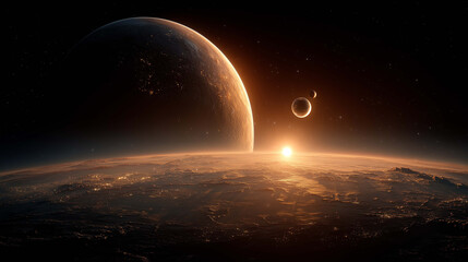 Serene planetary scene in deep space, featuring bright orbital glow and expansive starlight