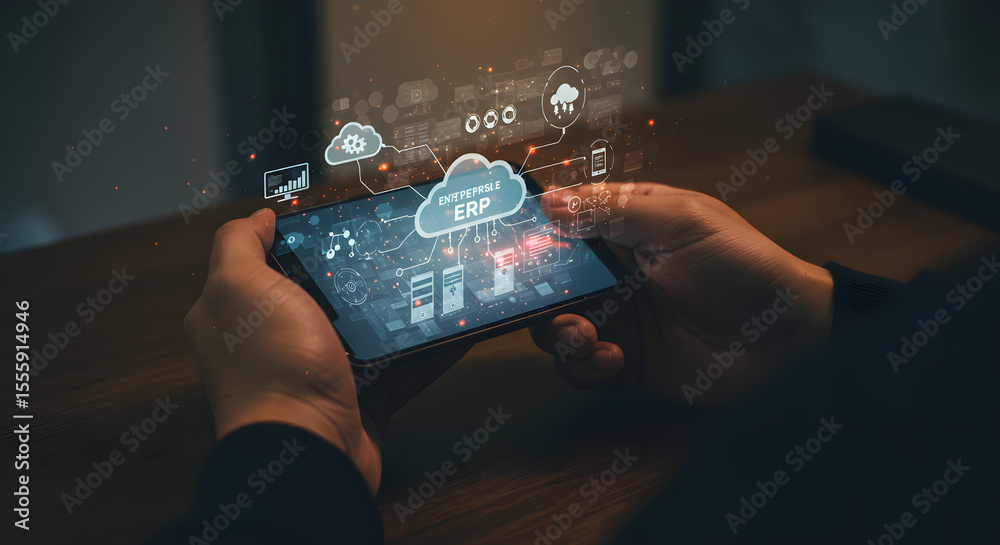 Poster cloud computing on mobile: a person's hands hold a smartphone displaying a holographic projection of
