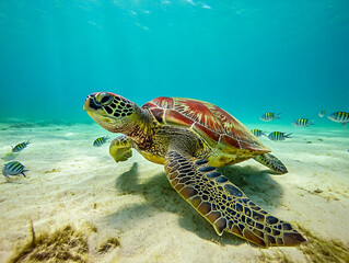 Obraz premium Majestic green sea turtle glides through clear turquoise water with small fish