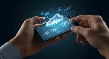 Digital Connection: A close-up shot features hands interacting with a smartphone, illuminating a cloud-like digital network interface against a dark background. 