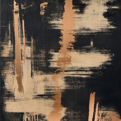 Abstract brush stroke in beige and copper on jet-black canvas texture,