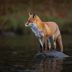 Fototapeta premium Red fox standing on a rock in the water looking alert