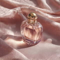Elegant perfume bottle in rose-gold tones placed on pink silk cloth,