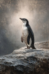 An oil painting Gentoo Penguin standing on the edge of an icy rocky cliff in Antarctica. Cinematic poster artwork for decoration